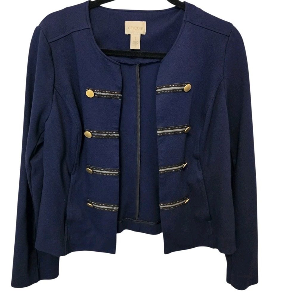 Chicos Jacket Women 1 Blue 8 Gold Double Breasted Button Military Blazer Classic